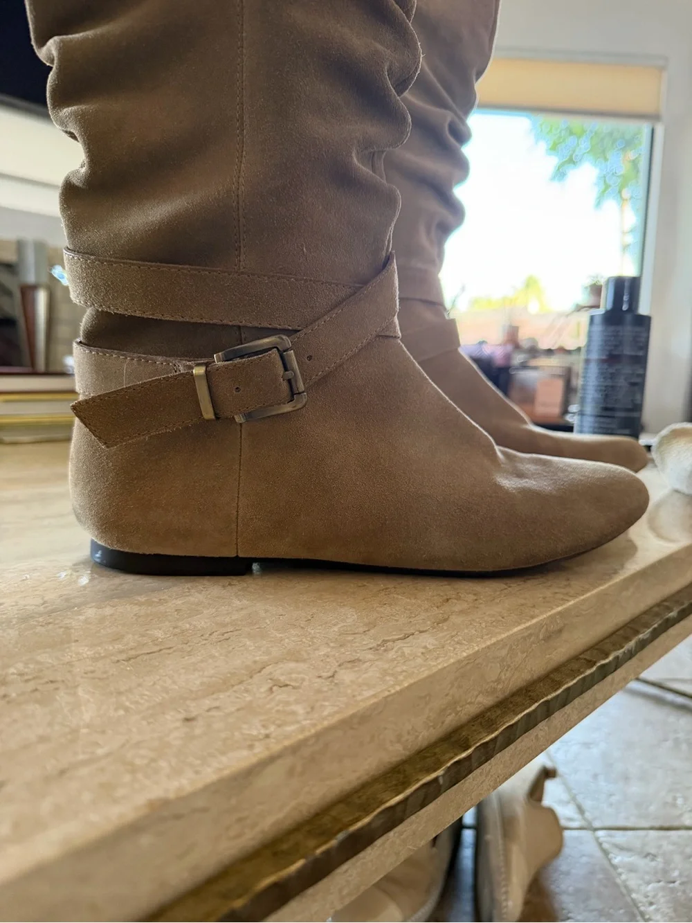 BCBGeneration Tan Suede Knee Length Boots with Pocket Accent and Low Heel